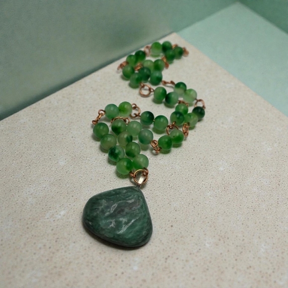 Handmade Jewelry - Green Beaded Necklace with Amazonite Stone Pendant – Boho Jewelry